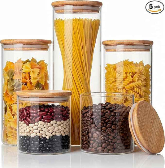 Multi Size - 5 Pack Glass Jars with Bamboo Lids, Glass Pantry Storage Containers with Airtight Lids, Round Air Tigh Food Storage Canisters for Cereal, Pasta, Flour, Sugar, Best for Kitchen Organizer