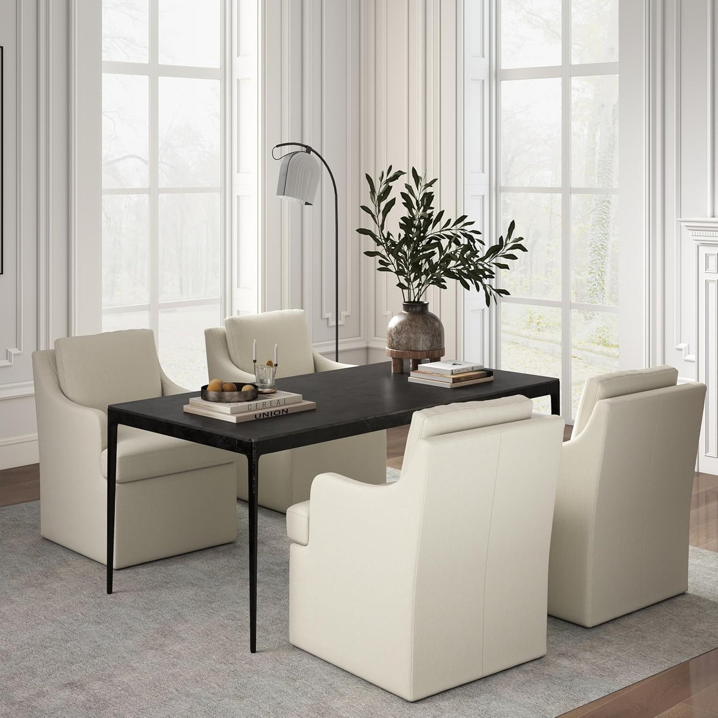 VKNOW Upholstered Dining Chairs Set of 4, Modern Kitchen Chairs Dinner Chairs with 4 Casters, Linen Armchair for Bedroom Reading Room Living Room, Beige