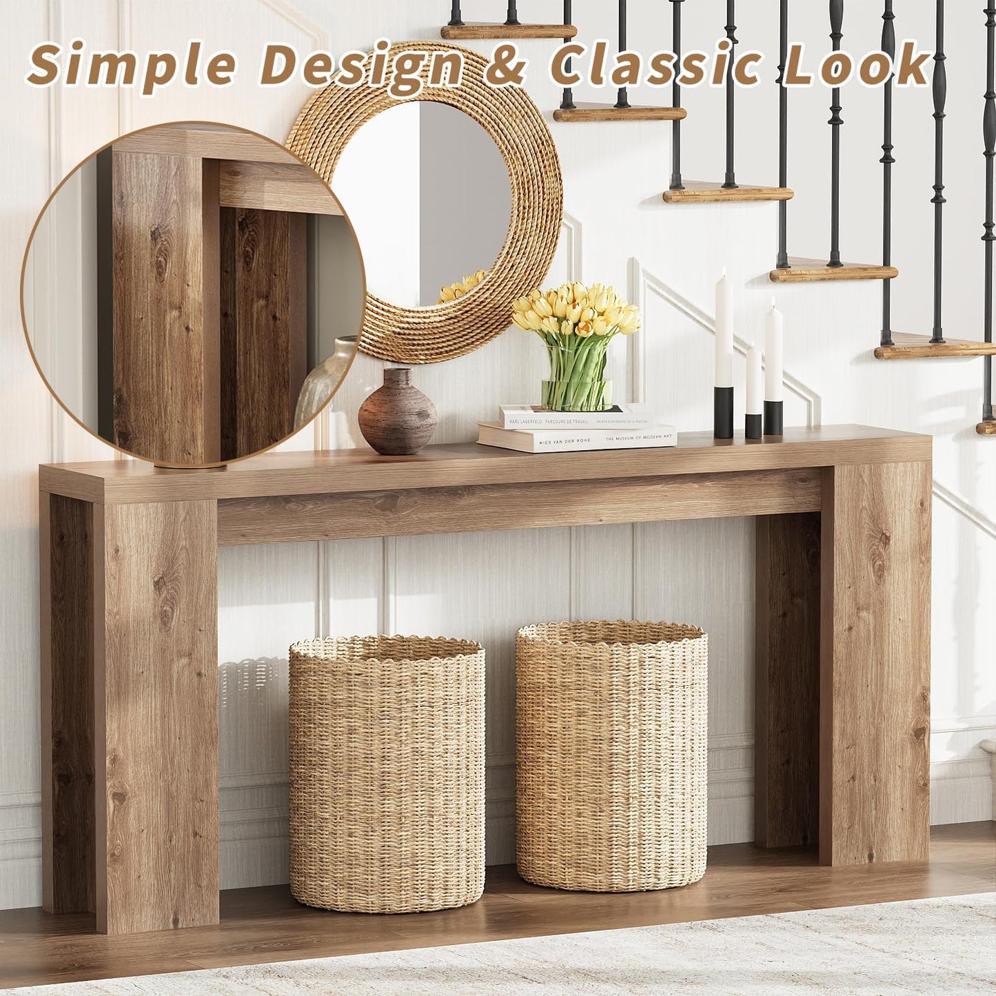 70.9 Inch Extra Long Console Table, Farmhouse Entryway Table with Thickened Base, Wood Sofa Table Behind Couch Table, Narrow Entryway Accent Table for Living Room, Hallway, Entrance, Foyer, Brown