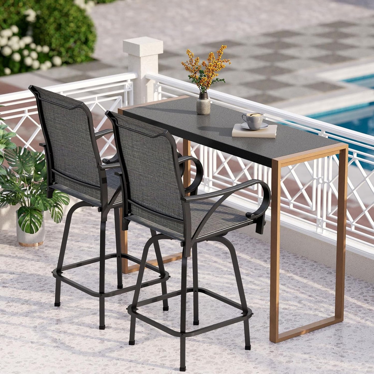 PHI VILLA 3 Piece Outdoor Bar Set, Bar Height Patio Bistro Table and Bar Chairs with Gray Textilene Fabric & Rustproof Metal Frame for Backyard, Balcony, Garden Poolside