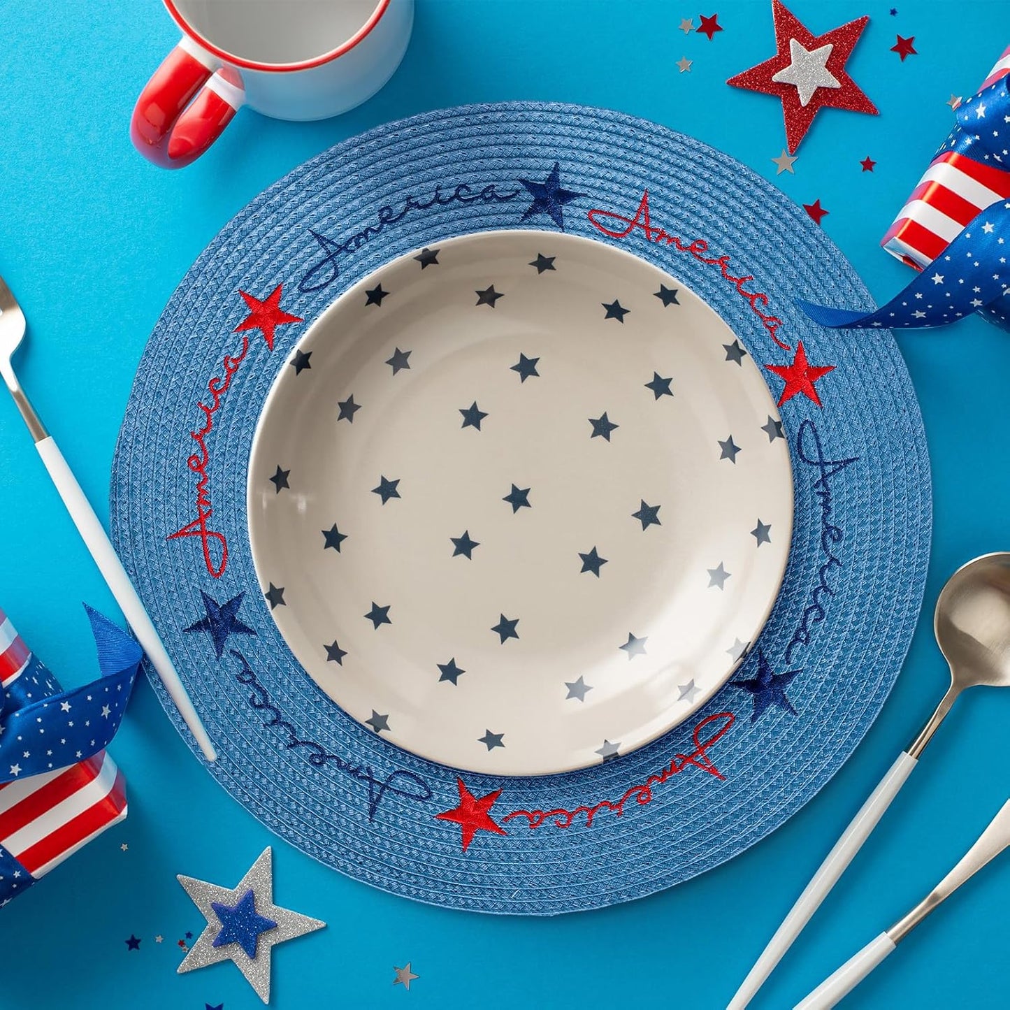 Whaline 4Pcs Round Independence Day Placemats Patriotic Stars Embroidered Place Mats 4th of July Dinner Table Mats for Home Holiday Birthday Party Decor