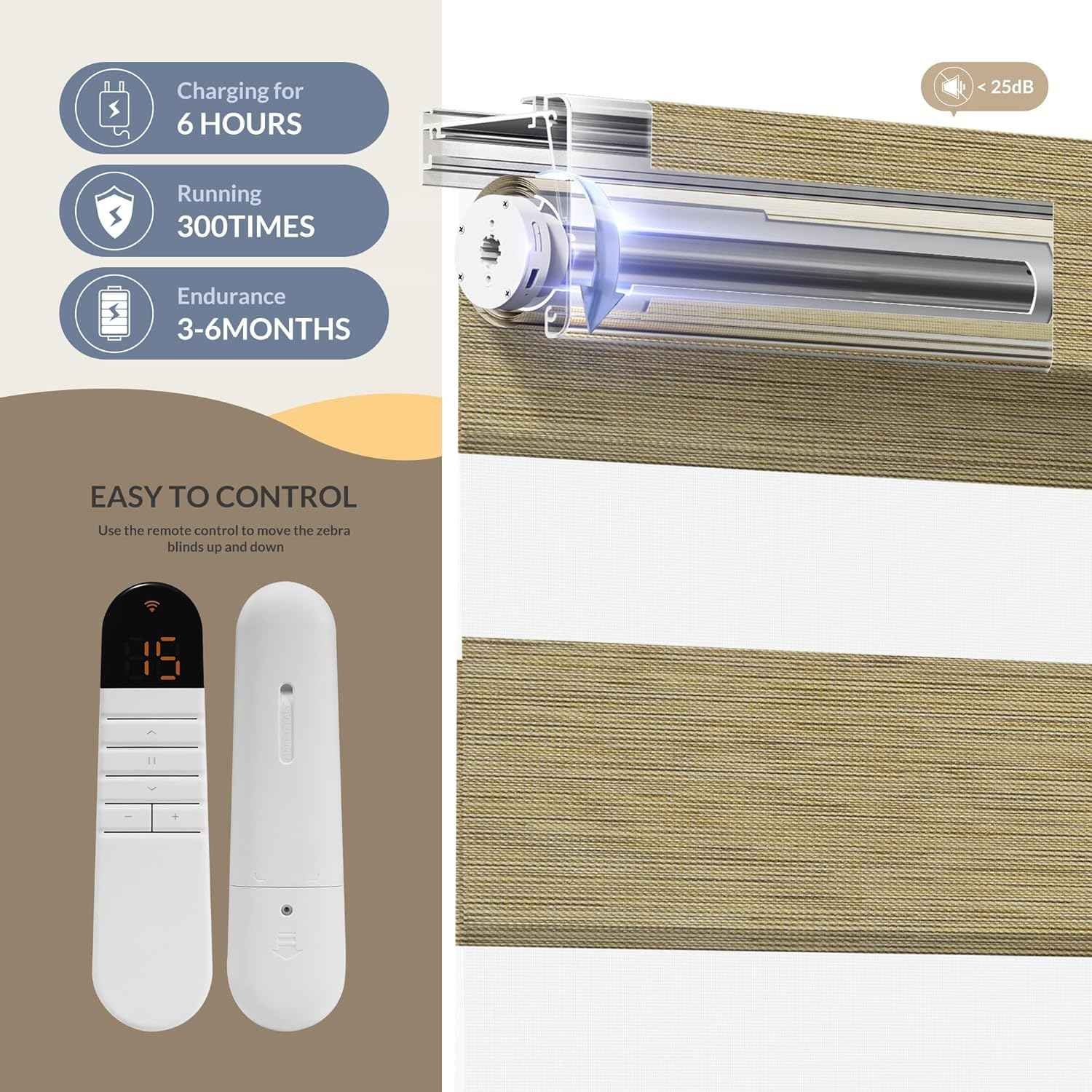 Boolegon Motorized Zebra Blinds with Remote, 95% Blackout Zebra Roller Window Shades, Wireless Electric Zebra Blinds, Built in Rechargeable Motor Window Blinds. for Home, Light Brown, Custom Sizes