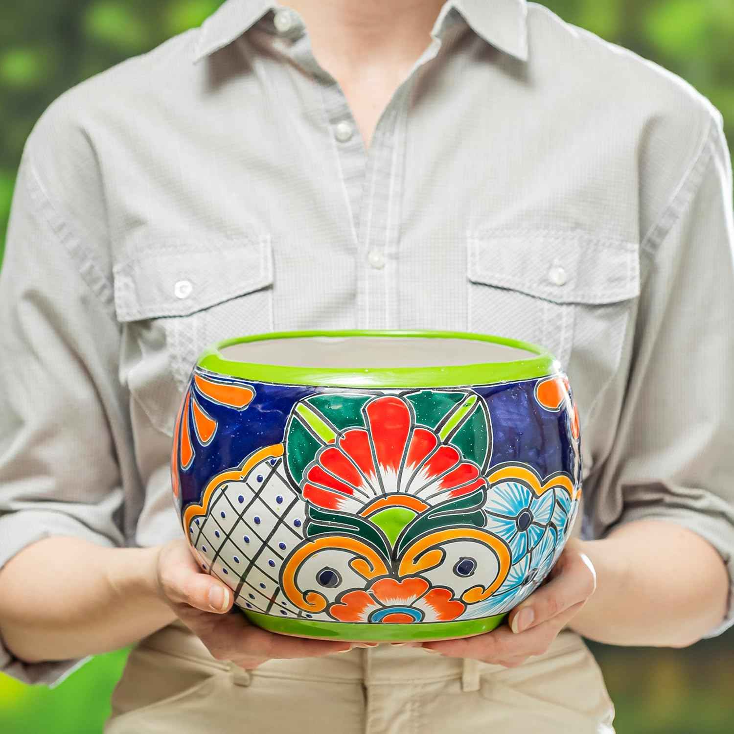 Evergreen Garden Talavera Mexican Pottery Ceramic Green Detailed Baul | Flower Pot Plant Succulent | Indoor Outdoor (9 inch)