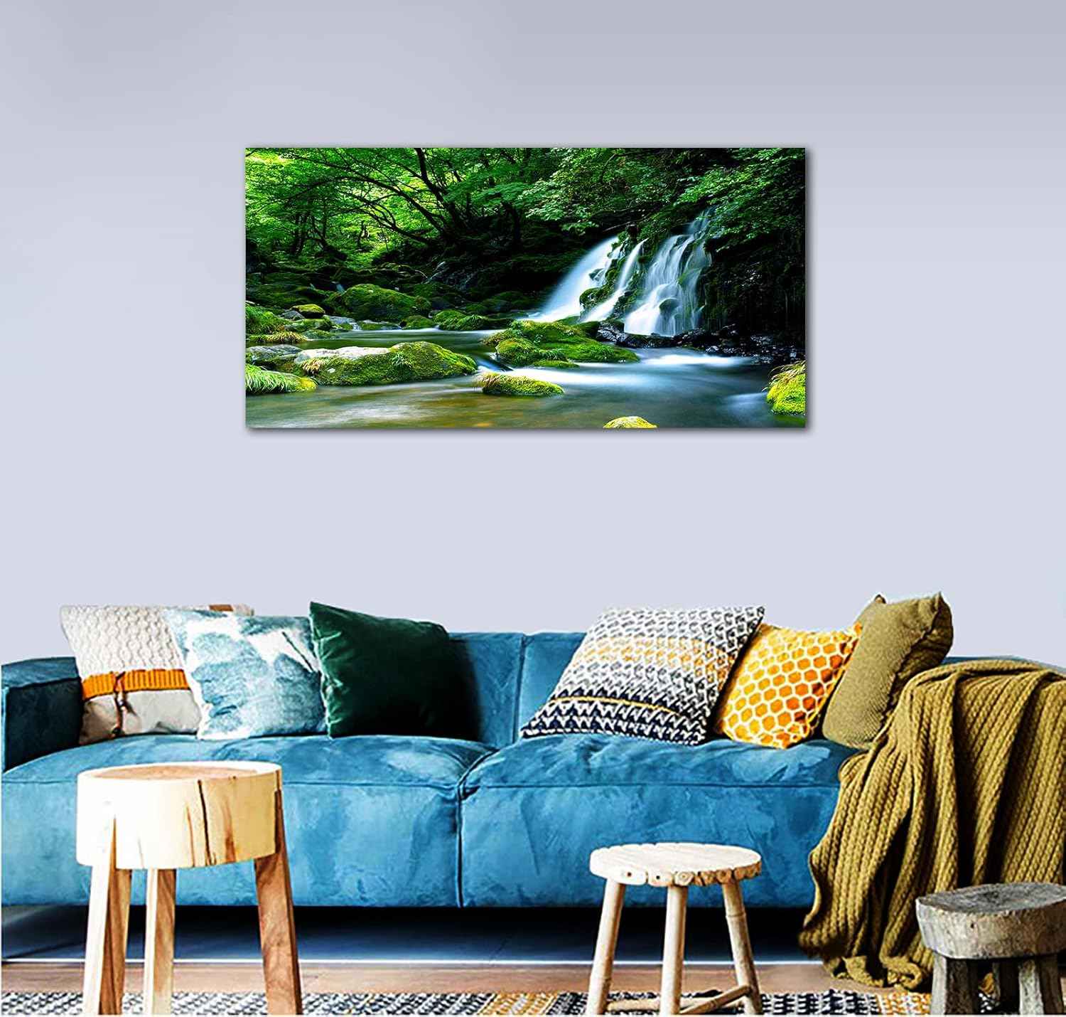 arteWOODS Waterfall Canvas Wall Art Living Room Decoration Large Nature Picture Artwork Modern Landscape Painting Green Forest Prints for Kitchen Office Wall Decor Home Decorations 29" x 58"