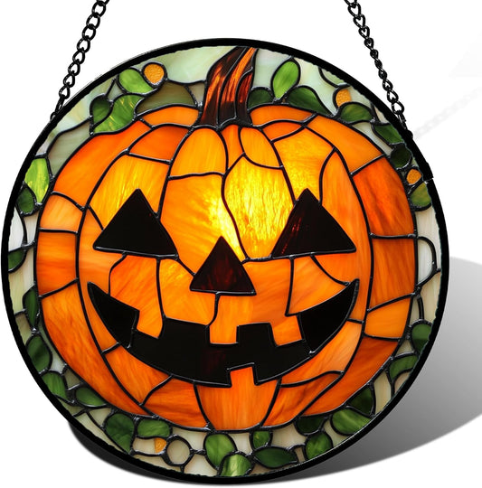 Stained Glass Window Hanging, Halloween Decorations Evil Pumpkin Suncatcher for Doors Garden Indoor Spooky Funny Orange Sun Catchers Gothic Decor Horror Gifts for Women Men Friend 15 in