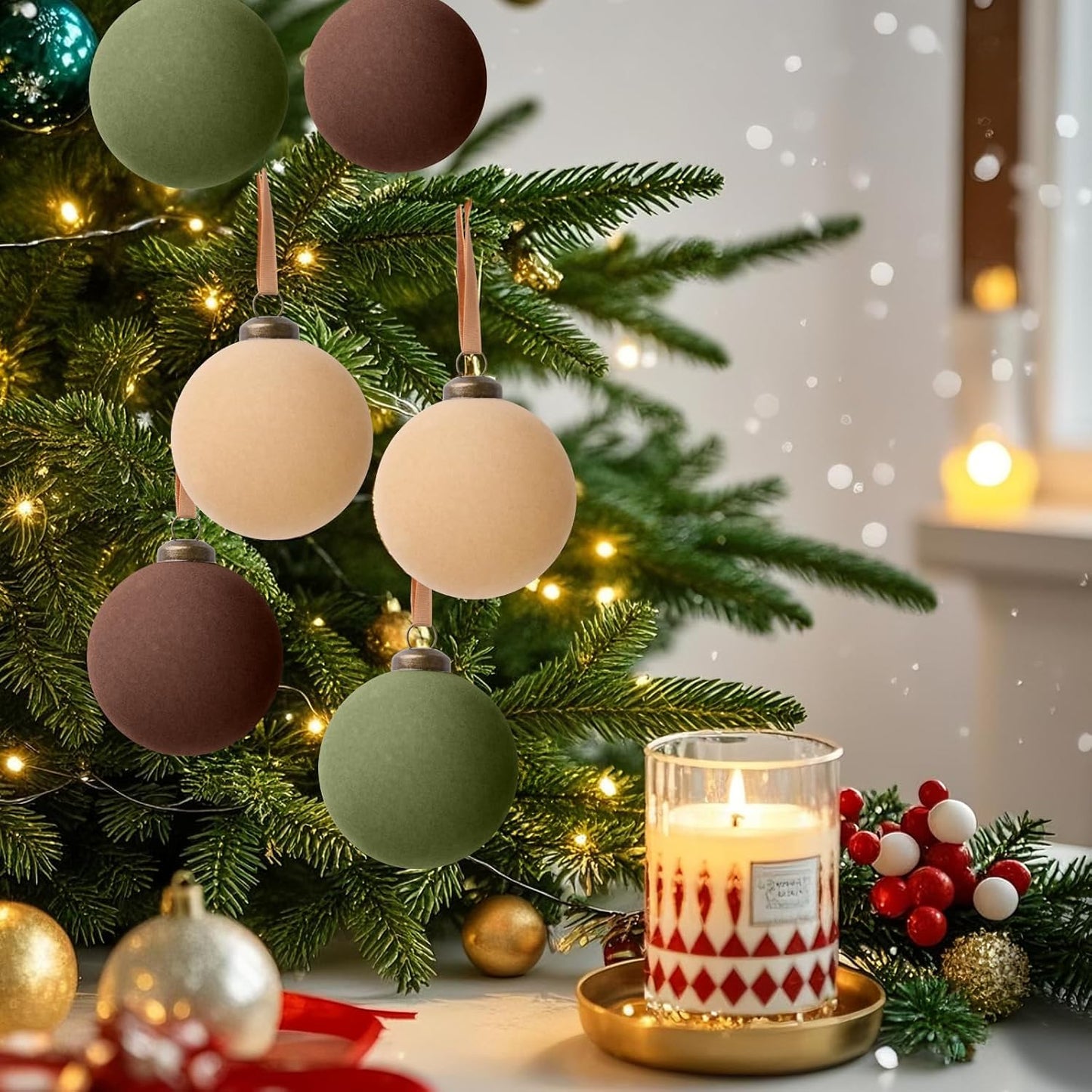 15 Pcs Velvet Christmas Ornaments,Flocked Christmas Ornaments,3.15inch Velvet Christmas Balls Bulk,Neutral Flocked Ornaments,Christmas Ball Ornaments for Xmas Tree Home Holiday Decors (Classic Color)