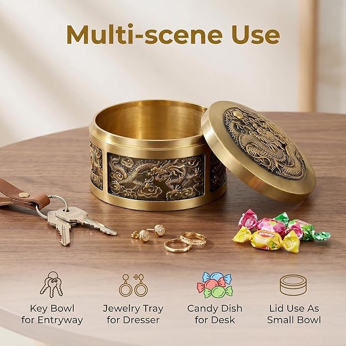 Solid Brass Decorative Bowl with Lid, Gold Metal Key Holder for Entryway Table, Small Catch All Jewelry Box for Rings & Trinkets, Dragon Carving Home Decor Brings Good Fortune