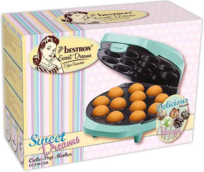 Bestron Cake-Pop-Maker im Retro Design, inklusive Cake-Pop-Butler, Gabel & 12 Cake-Pop-Sticks, mit Antihaftbeschichtung,700 W, Farbe: Mint
