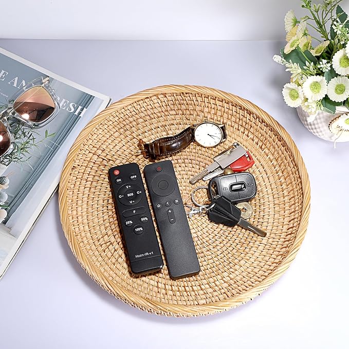 Hipiwe Round Key Basket Bowl for Entryway Table, 11.8" Large Rattan Tray Decorative Ottoman Trays Centerpiece for Coffee Table, Hand-Woven Fruit Basket Wicker Serving Trays