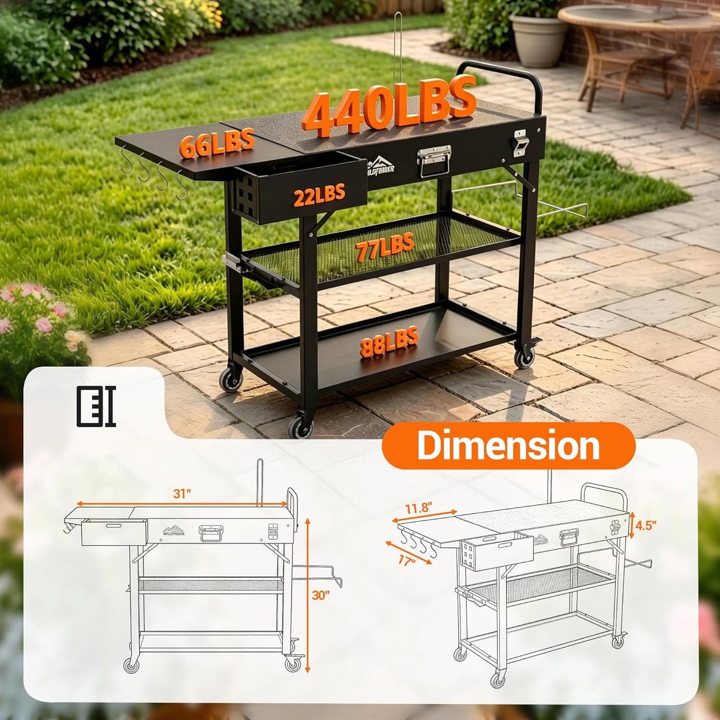 Grill Cart for Blackstone Griddle, Foldable Outdoor Grill Table with Wheels for Ninja, Pizza Oven Stand Grill Stand Fit 17 or 22 Inch Tabletop Griddle, Portable BBQ Prep Station with Tool Hooks