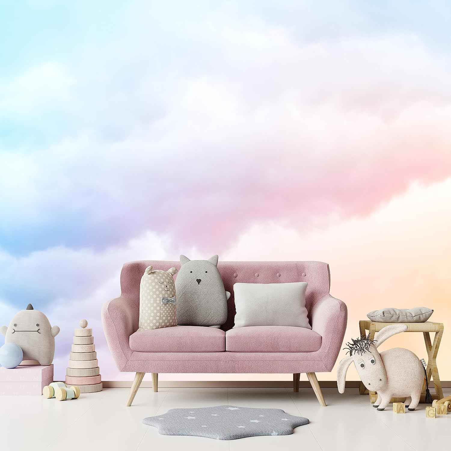Pink Cloud Mural Wallpaper for Bedroom Living Room Kids Room Colorful Rainbow Wallpaper (Not Peel n' Stick)