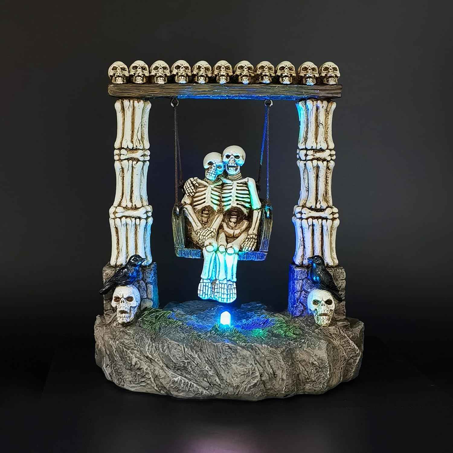 JORAE Swinging Skeleton Statue Couple on Light Up Color Changing LED Roman Pillars Skull Halloween Figurine Day of The Dead Collectible Home Decor, 6.7" H