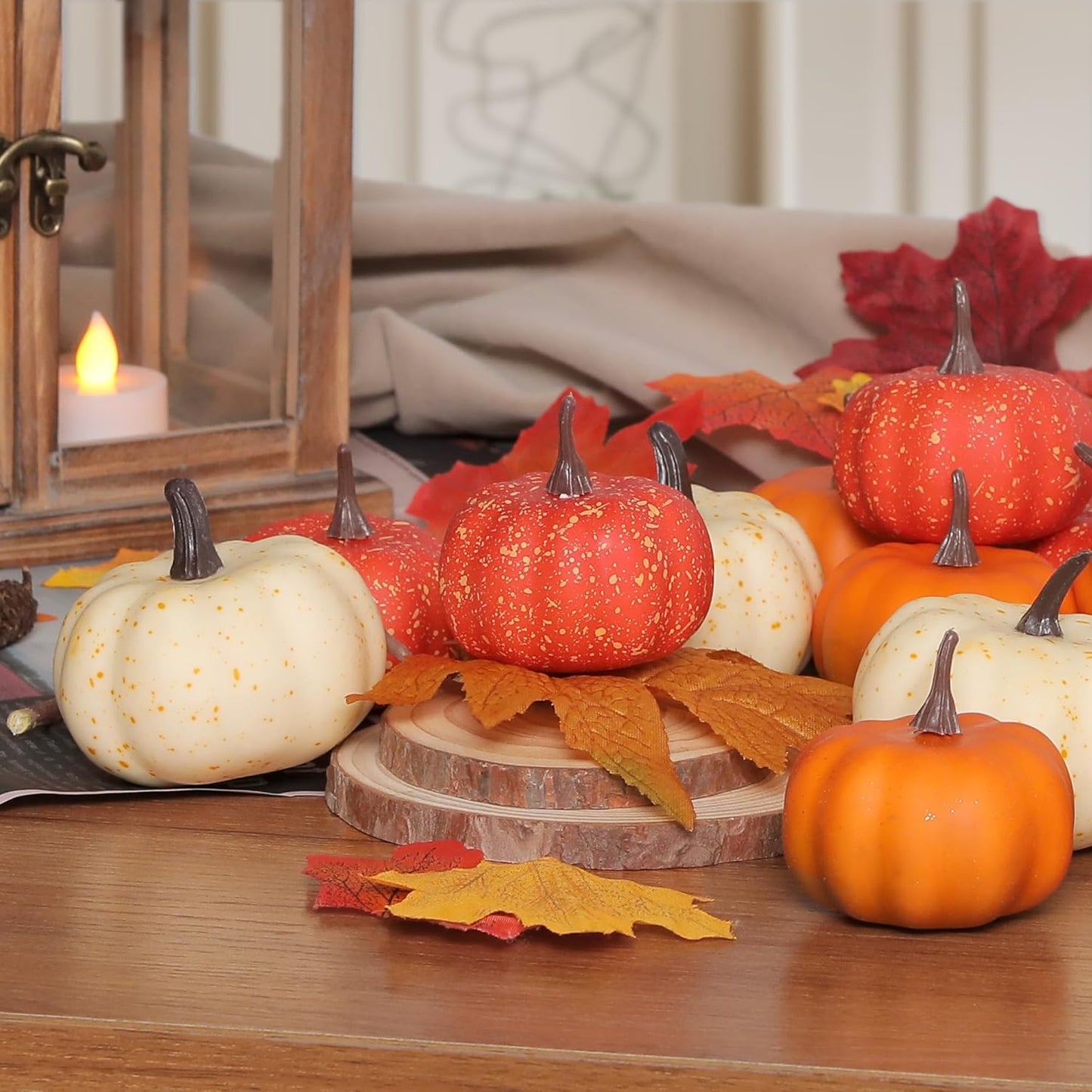 16PCS Realistic Mini Pumpkin Decor,Fall Decor with Pumpkins Maple Leaves, Artificial Pumpkin Decor for Autumn Filler, Realistic Pumpkin Decorations for Halloween Thanksgiving Fall Home Decor
