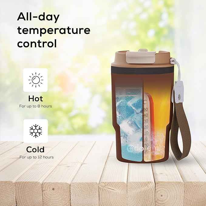 Insulated 16oz Stainless Steel Tumbler Mug Leakproof Double Walled Vacuum Thermal Coffee Cup with 2-in-1 Straw & Lid, Cupholder-Friendly Travel Mug for Hot & Cold Drinks (Brown)