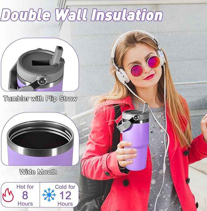 20 oz Tumbler with Handle, Insulated Tumbler with Lid and Flip Straw Leak Proof Double Wall Stainless Steel Vacuum Travel Coffee Mug Insulated Water Bottle Thermal Cup, Cupholder Friendly, Purple
