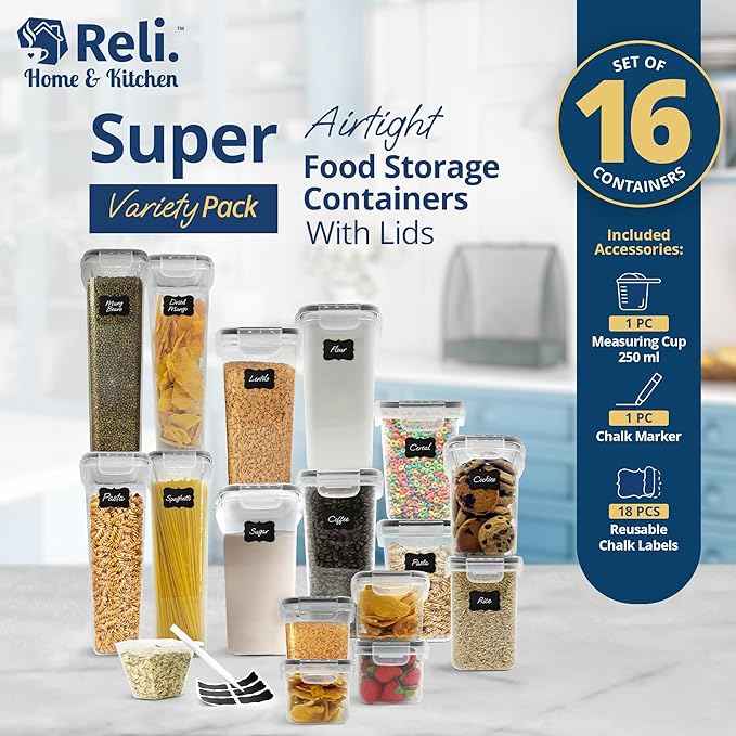 Reli. Airtight Food Storage Containers with Lids (16 Sets) | Kitchen Organizers and Storage Pantry Organizers | BPA Free Plastic Food Containers | Super Variety Pack w/Measuring Cup, 18 Labels, Pen