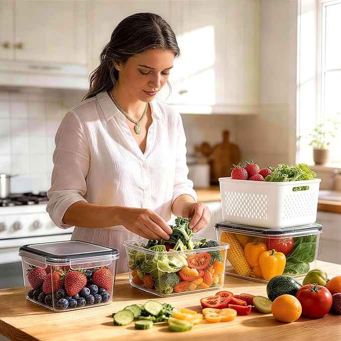 HOMETALL 8 Pack Fruit Storage Containers for Fridge, Fridge Organizers and Storage with Colander, Dishwasher & Microwave Safe Produce Containers Keep Fruits, Vegetables, Berry, Meat Fresh Longer