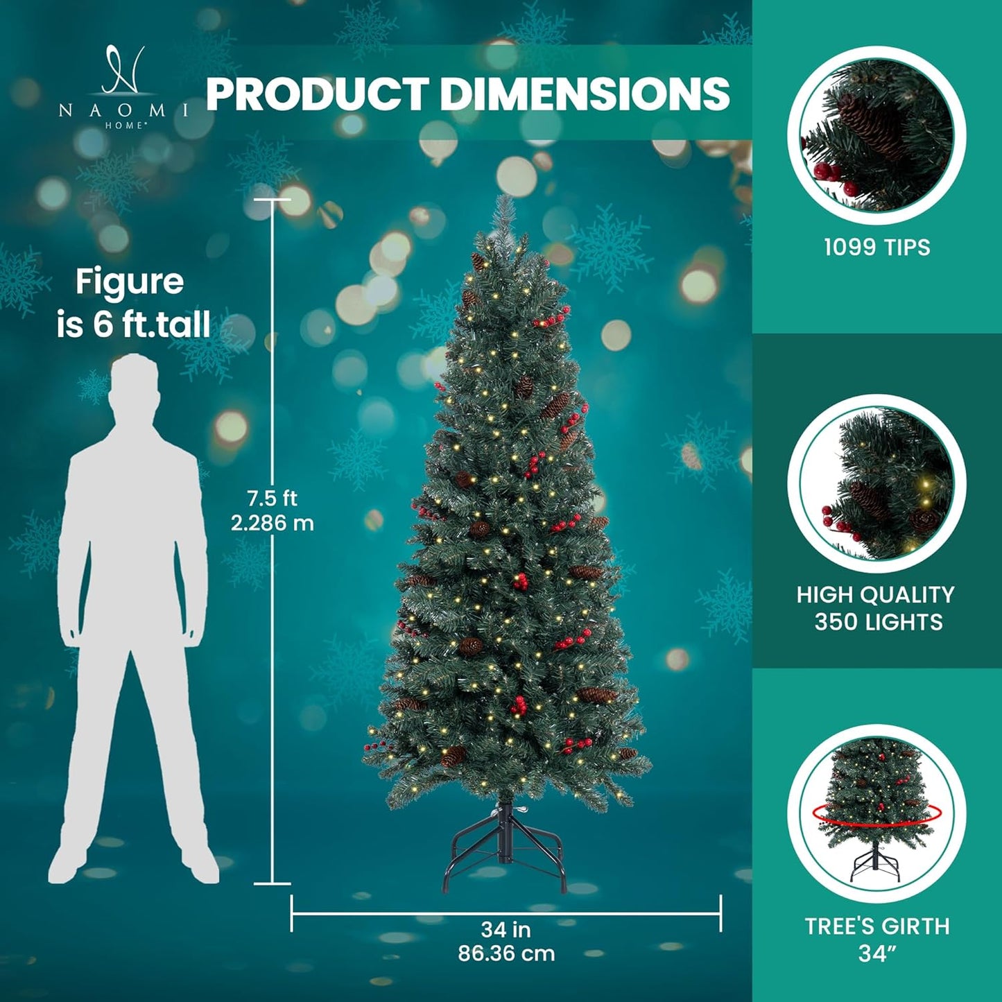 Naomi Home Belen 7.5ft Pencil Christmas Tree Prelit pre-Decorated with Pine Cones, Red Berries, 1099 Branch Tips, 350 Warm Lights and Metal Stand, 34" Wide Skinny Christmas Tree with Lights