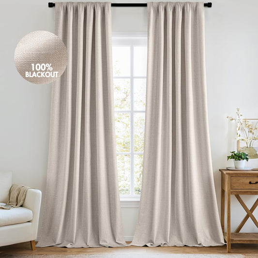 MIULEE 100% Blackout Curtains 90 Inch Long 2 Panels Set for Bedroom, Thick Luxury Faux Linen Black Out Curtain Room Darkening Back Tab Pleat Window Textured Drapes with Hooks for Living Room, Beige