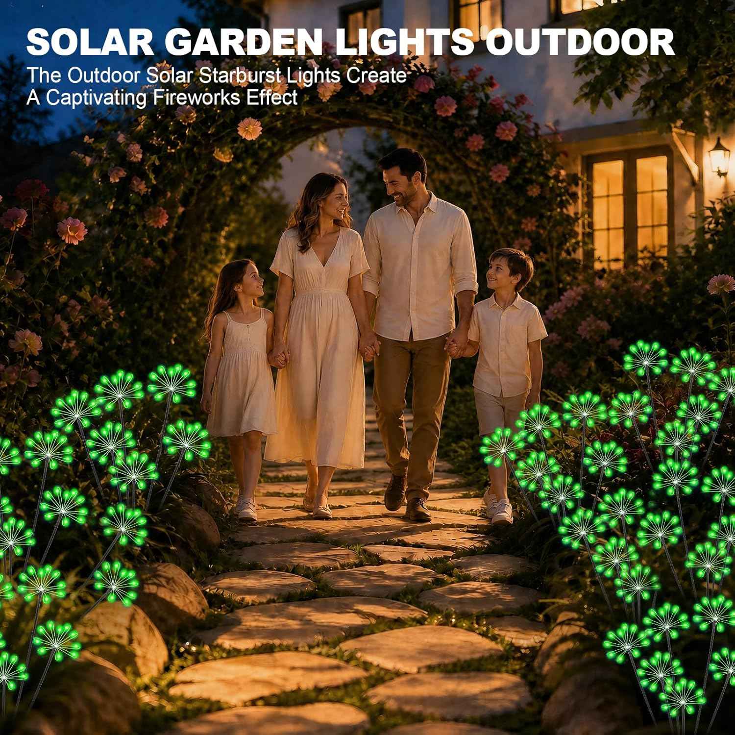 Solar Garden Lights Outdoor, Upgraded Solar Swaying Starburst Light Waterproof with 2 Modes, Solar Fairy Firework Lights for Yard Patio Pathway Flowerbed Balcony Garden Decoration (Green, 2 Pack)