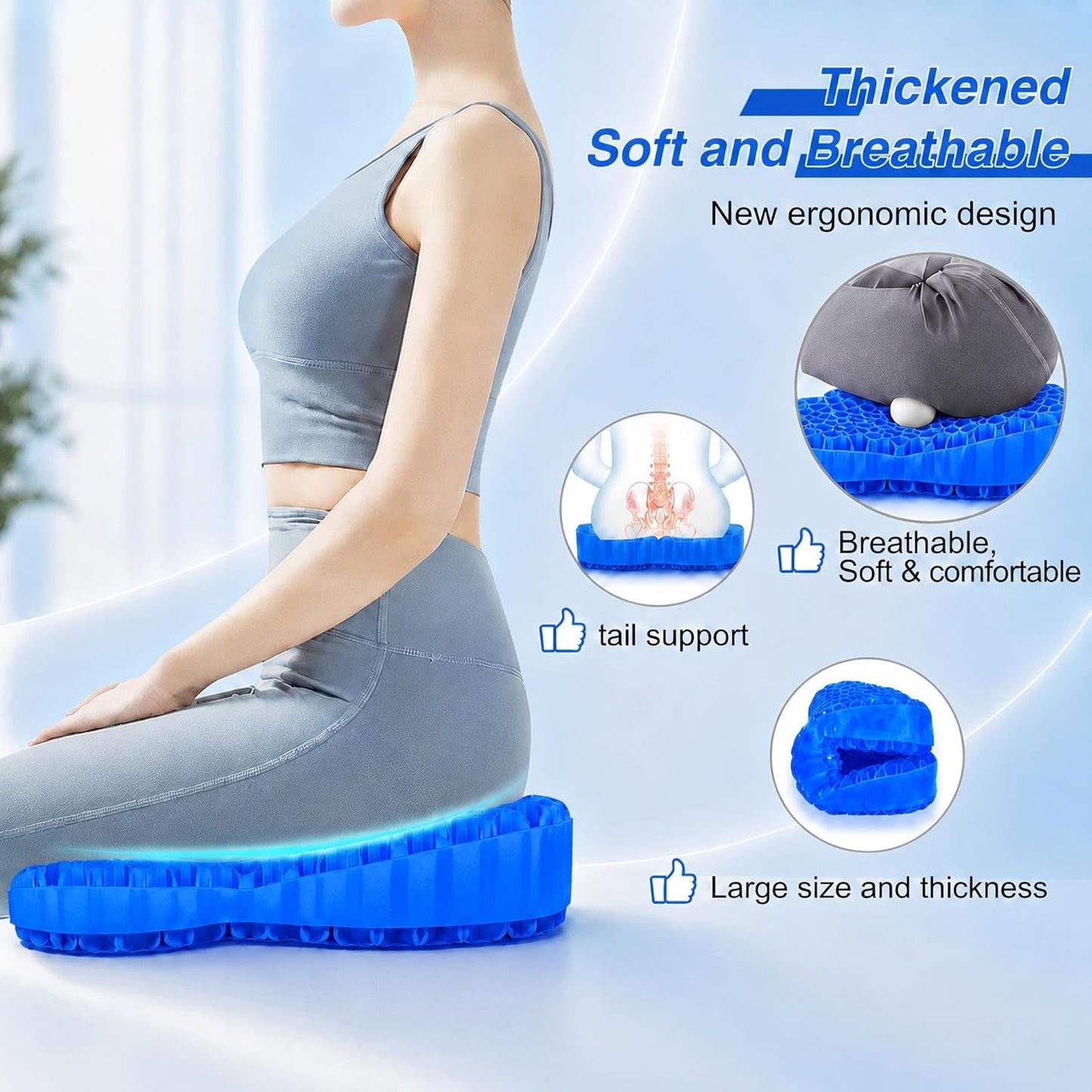 Thicken 19.7in Seat Cushion, Gel Seat Cushion for Long Sitting–Office Chair, Wheelchair, Car Cushion, Large Cooling Pad for Back Pain, Sciatica, Tailbone Pain Relief