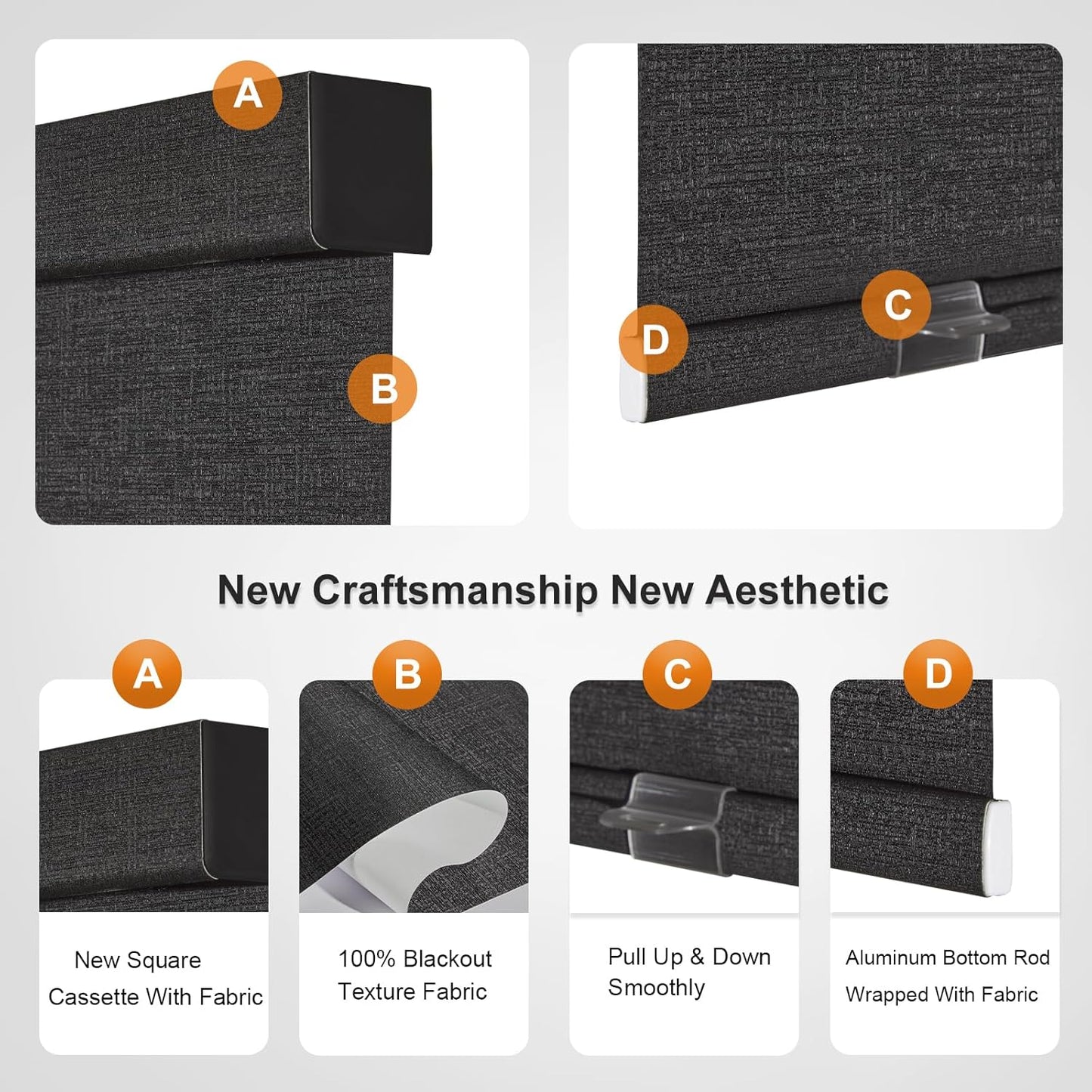 Persilux Free-Stop Cordless Blinds for Indoor Windows with Cover, Window Shades Blackout Roller Blinds, Thermal Insulated Fabric UV Protection for Kitchen, Office, Living Room, Black(58.5" W x 96" H)