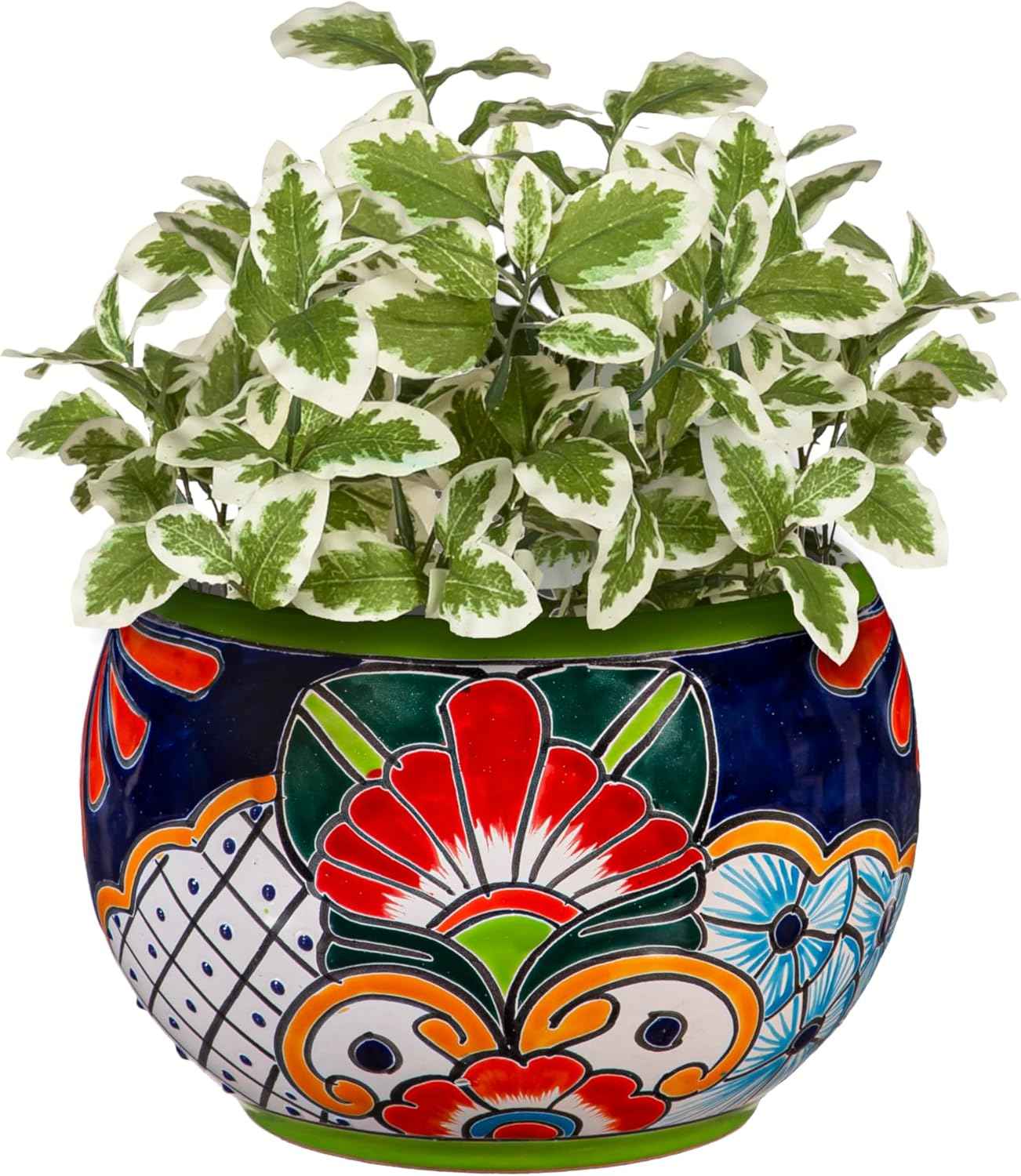 Evergreen Garden Talavera Mexican Pottery Ceramic Green Detailed Baul | Flower Pot Plant Succulent | Indoor Outdoor (9 inch)