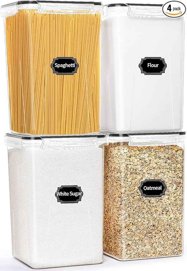 HKJ Chef 4 Pack Extra Large Airtight Food Storage Containers with Lids (6.5L / 220 oz), BPA Free Plastic Kitchen and Pantry Organization Contianers for Cereal Flour and Sugar Storage, Labels & Marker