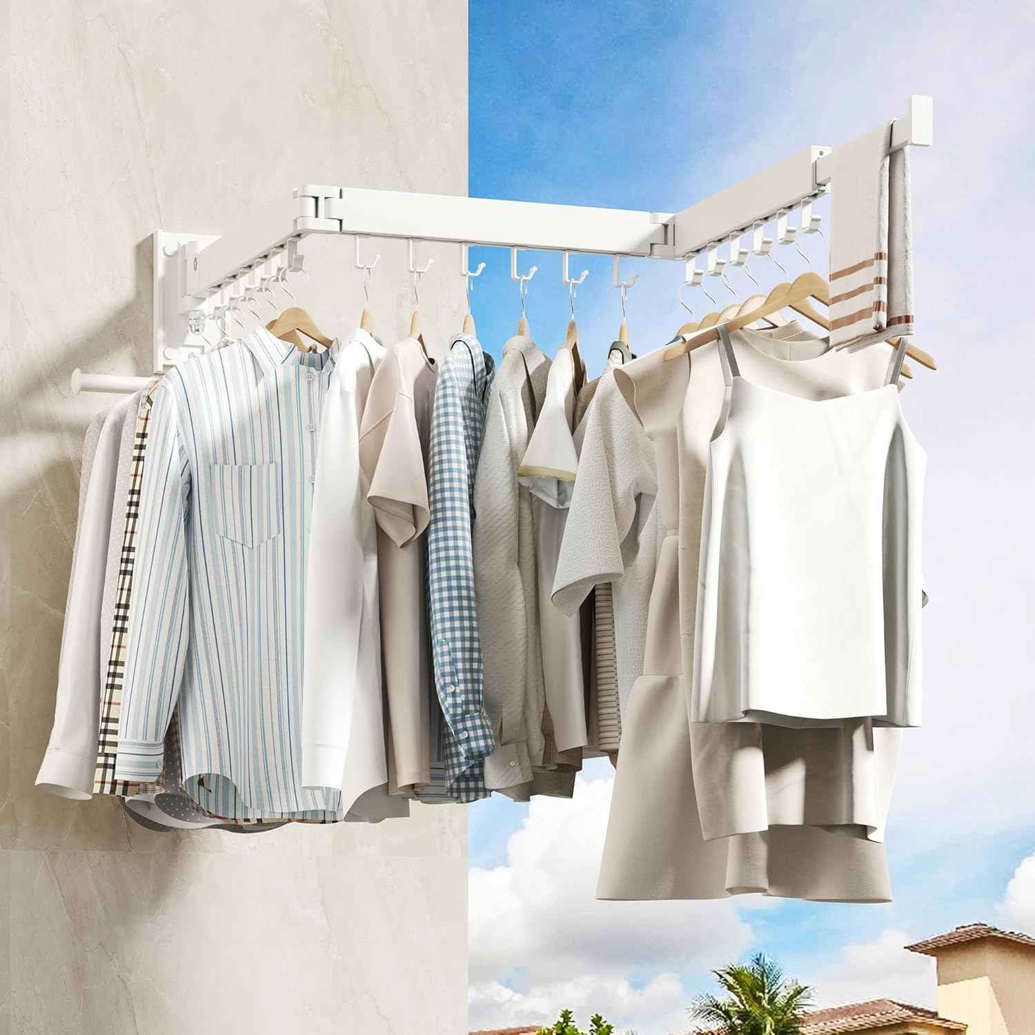 HEILAIYI Wall Mounted Clothes Hanger,Clothes Drying Rack,Laundry Drying Rack,Clothes Rack Wall Mount,Drying Rack Clothing,Retractable,Collapsible,can Fold Upward & Left & Right (Upgrade-White)