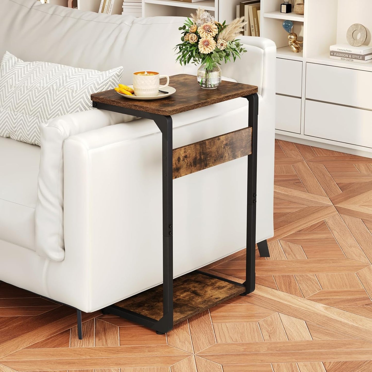 Wood Pedestal Sofa Side Tables Set of 2 Small Nightstand C Shaped End Table TV Trays on Couch Stands TV Tray Tables Slide Under Night Stand Over Bed Living Room Bedroom Bedside Rustic Brown ET-YB-BRW2