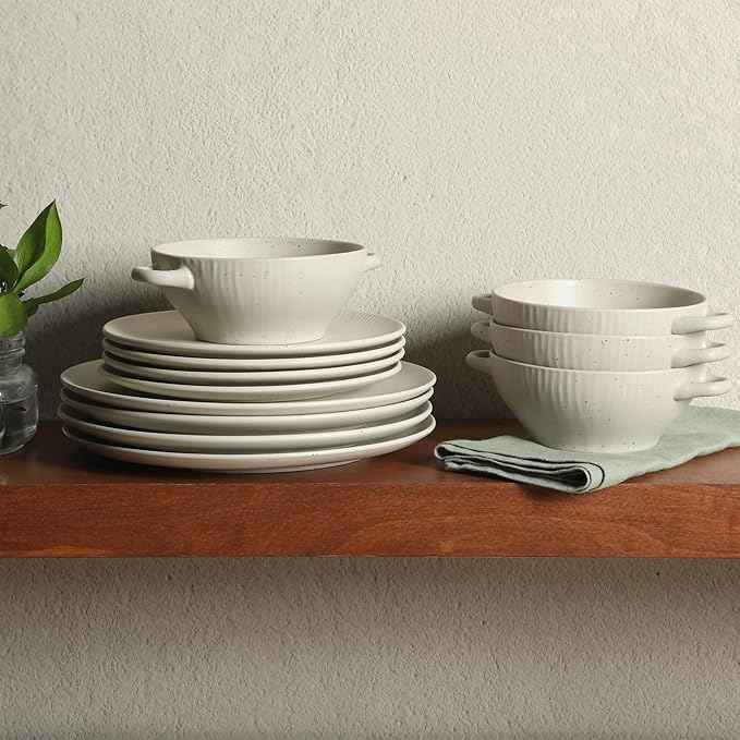 Gibson Elite Clover Hill 12-Piece Stoneware Dinnerware Set – White Cream Embossed Plates and Bowls with Matte Speckled Reactive Glaze, Service for 4 – Microwave & Dishwasher Safe