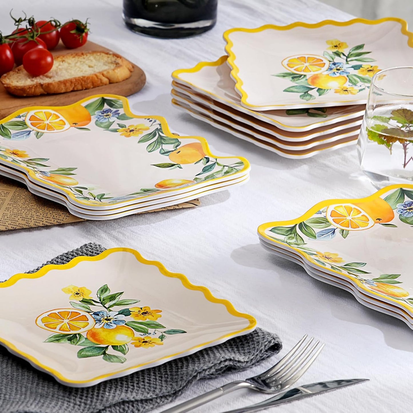 6.6 Inch Square Plates & 8.8 Inch Rectangle Plates, Melamine Dinnerware Set for RV, Camping, Outdoor, Lemon Design, 12 Pcs, Lightweight & Durable