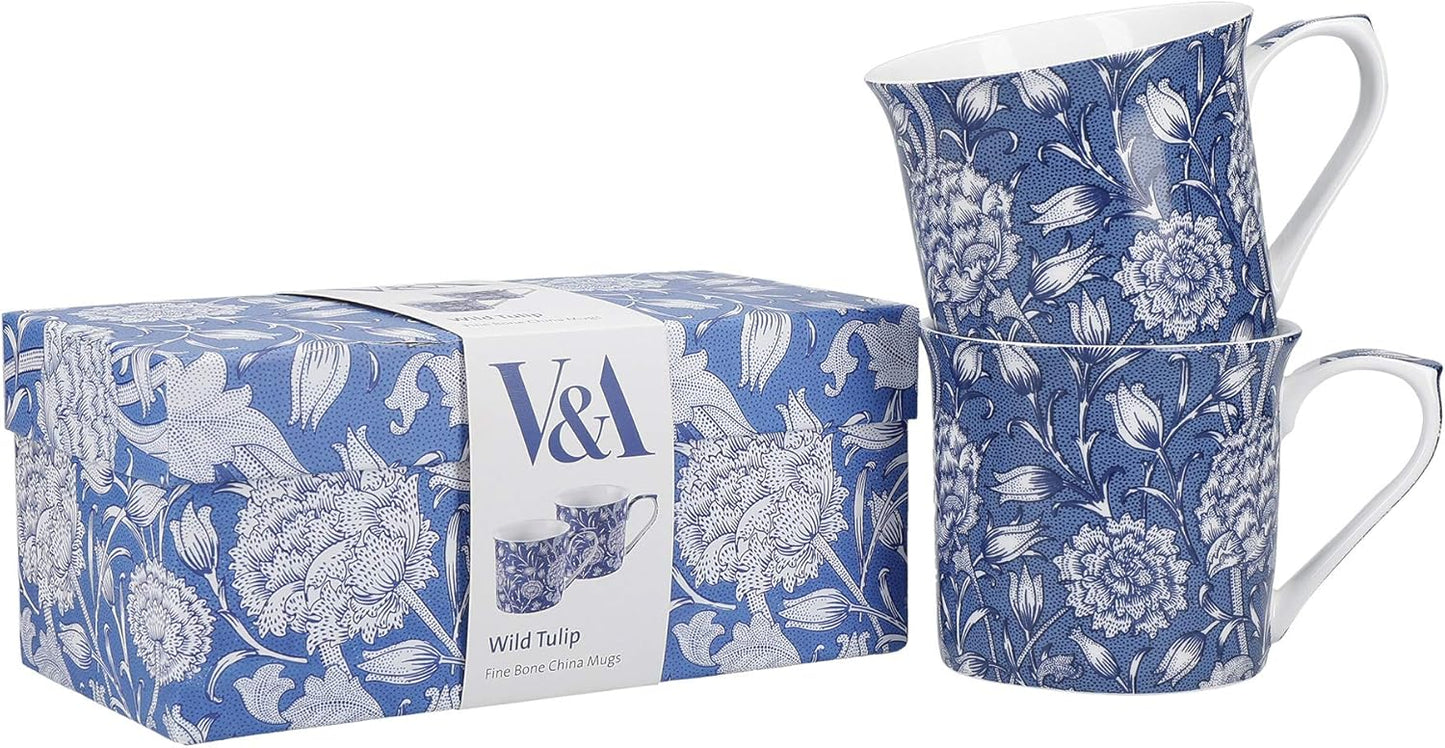 V&A Coffee and Tea Mugs, Porcelain Bone China Mug, William Morris Wild Tulip Design, 300ml, Set of 2, Gift Boxed