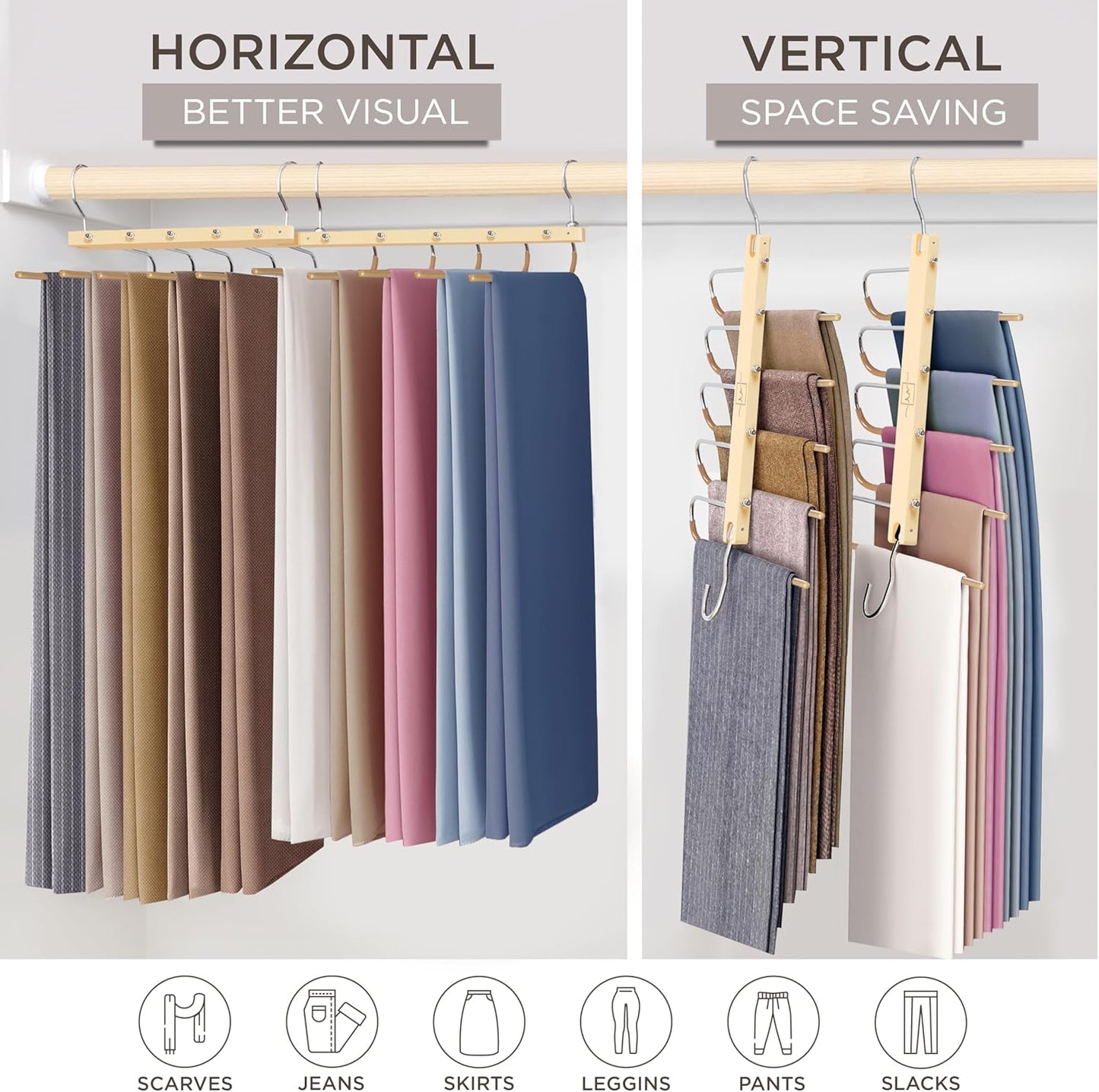 MORALVE Pants Hangers Space Saving - 2 Pack European Beechwood Scarf and Jean Hangers - Closet Organizer and Space Saver Pant Rack, Leggings Hanger, and Scarf Holder with 360° Swivel Hook