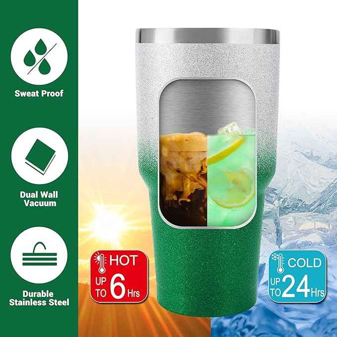 D·S 30 oz Tumbler Christmas Green Glitter Gradient Cup Stainless Steel Double Wall Vacuum Insulated Mug with Straw and Lid, Cleaning Brush for Cold and Hot Beverages