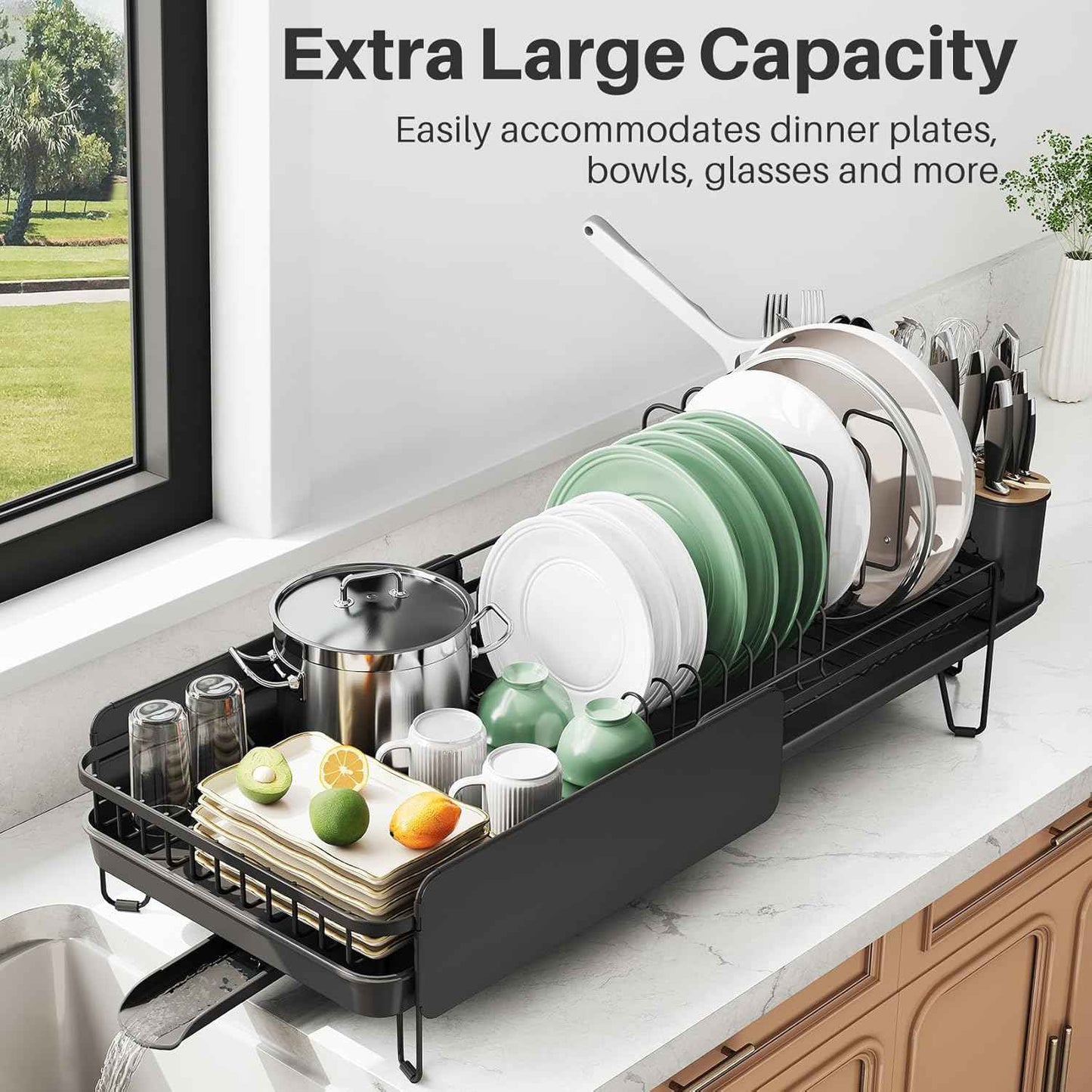SNTD Large Dish Drying Rack - Expandable (19.3" to 29.4") Dish Rack for Kitchen Counter, Stainless Steel Dish Drainer with Utensil Holder, Pan Holder & Pot Lid Holder (Black)