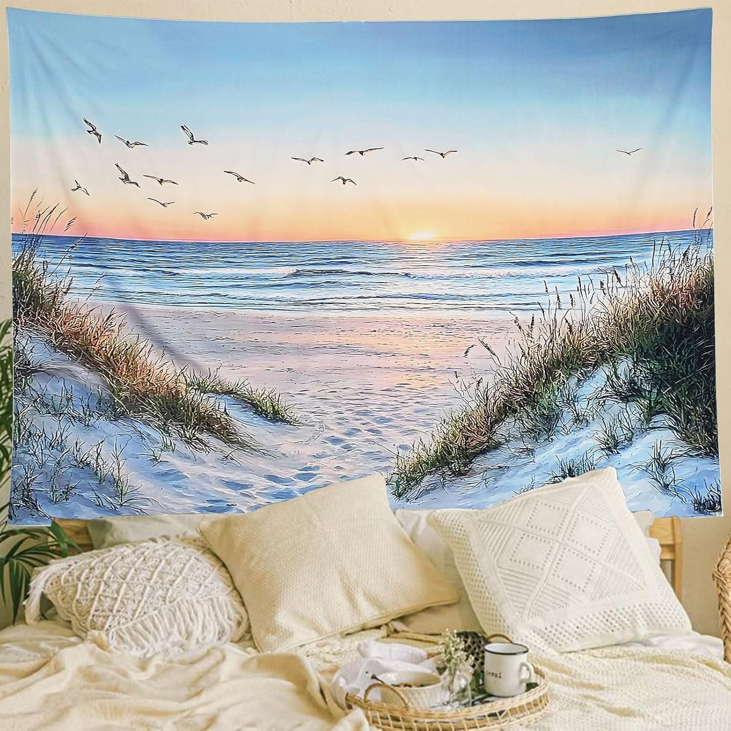 Algasan Ocean Beach Tapestry, Sea Sunset Seabird and Beach with Grass Tapestries Natural Landscape Tapestry Aesthetic for Bedroom Living Room Office Decor 60x40 Inches