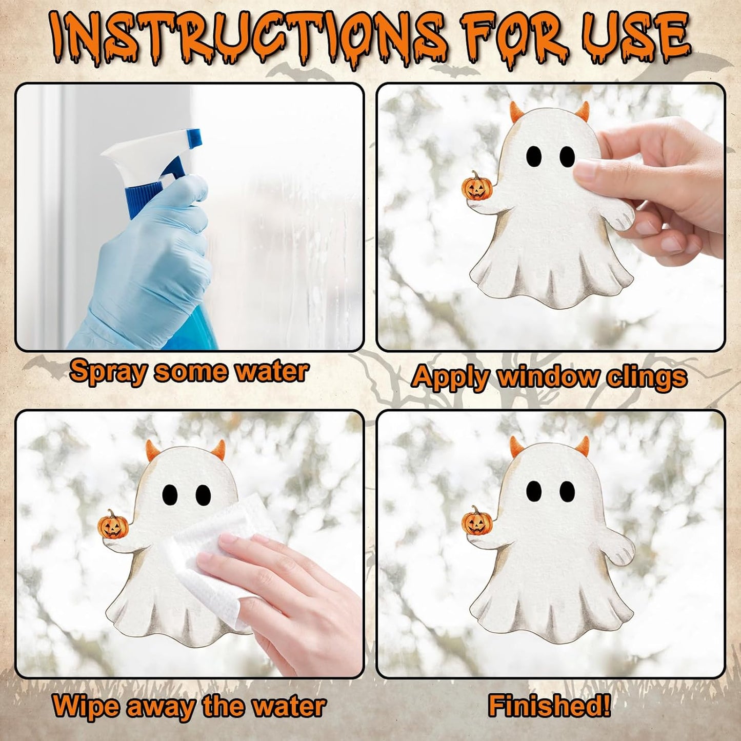 Vintage Halloween Window Clings 6 Sheets, Large Retro Spooky Ghost J-O-Lantern Pumpkin Reusable Window Decals Stickers for Home Halloween Party Decorations Supplies (Ghost)