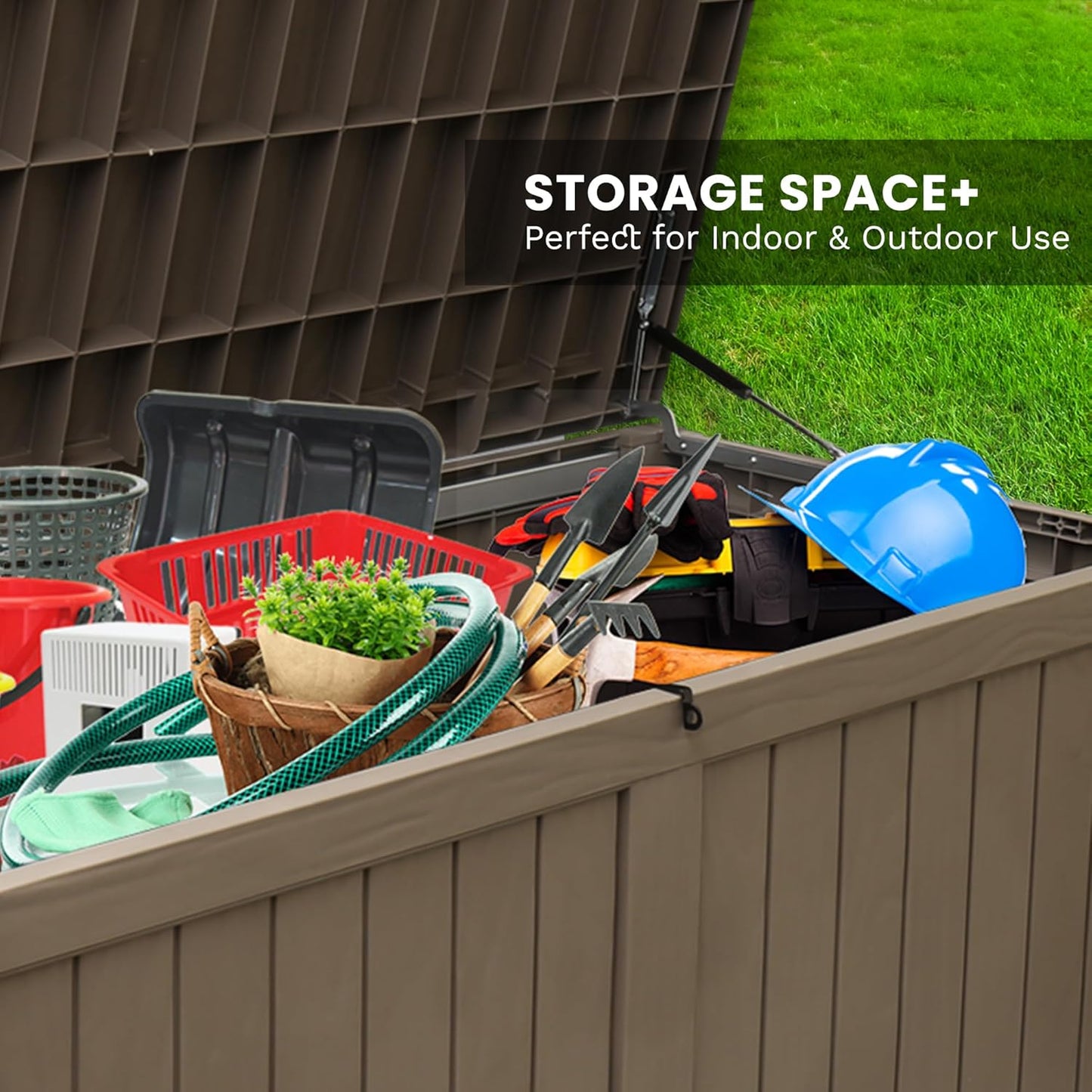 120 Gallon Large Outdoor Storage Box, Durable Deck Boxes Outdoor Waterproof, Resin Waterproof Deck Box for Patio Furniture Outdoor Cushions Garden Tools and Pool Storage (Light Brown, 120Gallon)