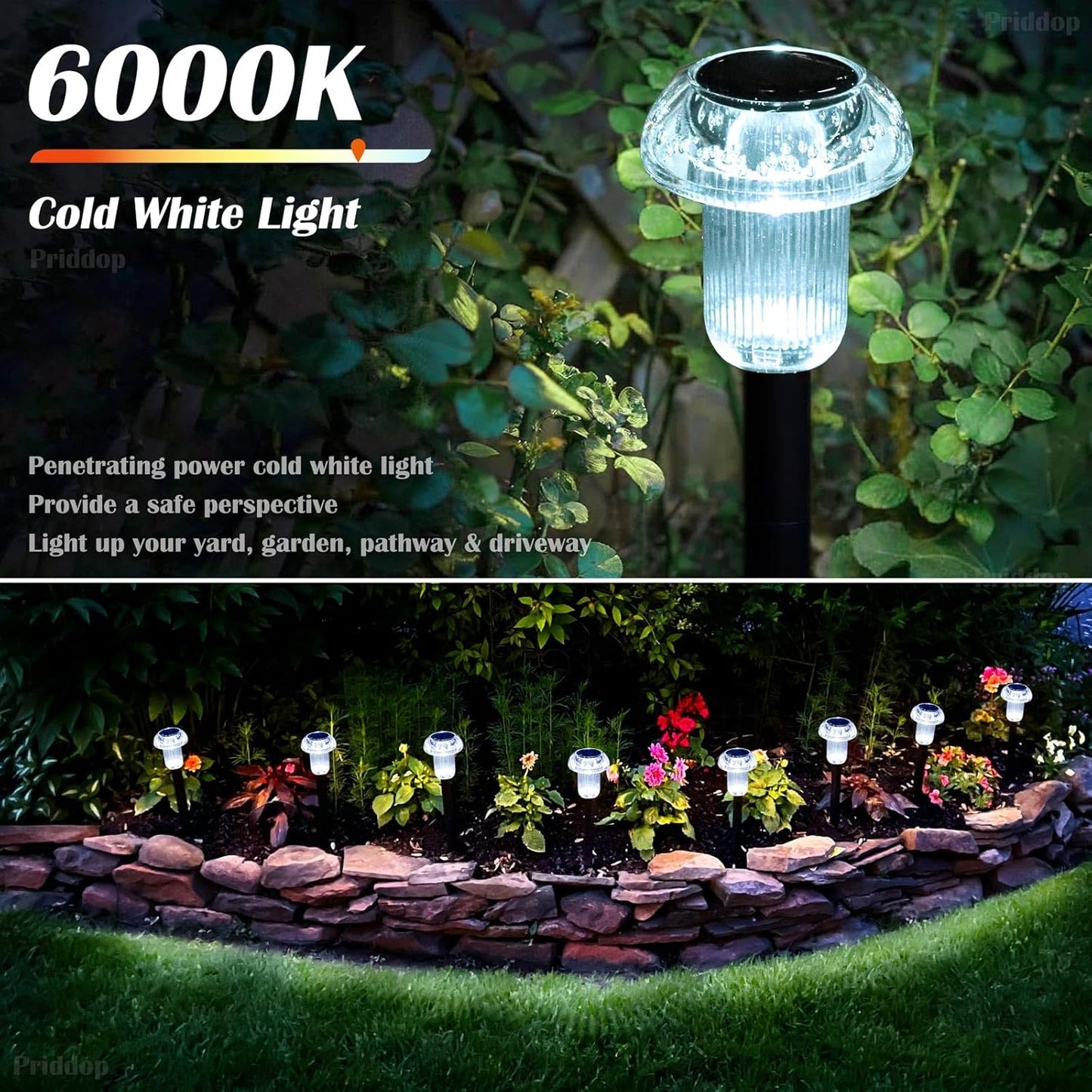 Solar Lights Outdoor 12 Pack Pathway Lights 6000K LED Waterproof Cold White Mushroom Shape for Garden Driveway Walkway Landscape Path Lawn Yard Decor