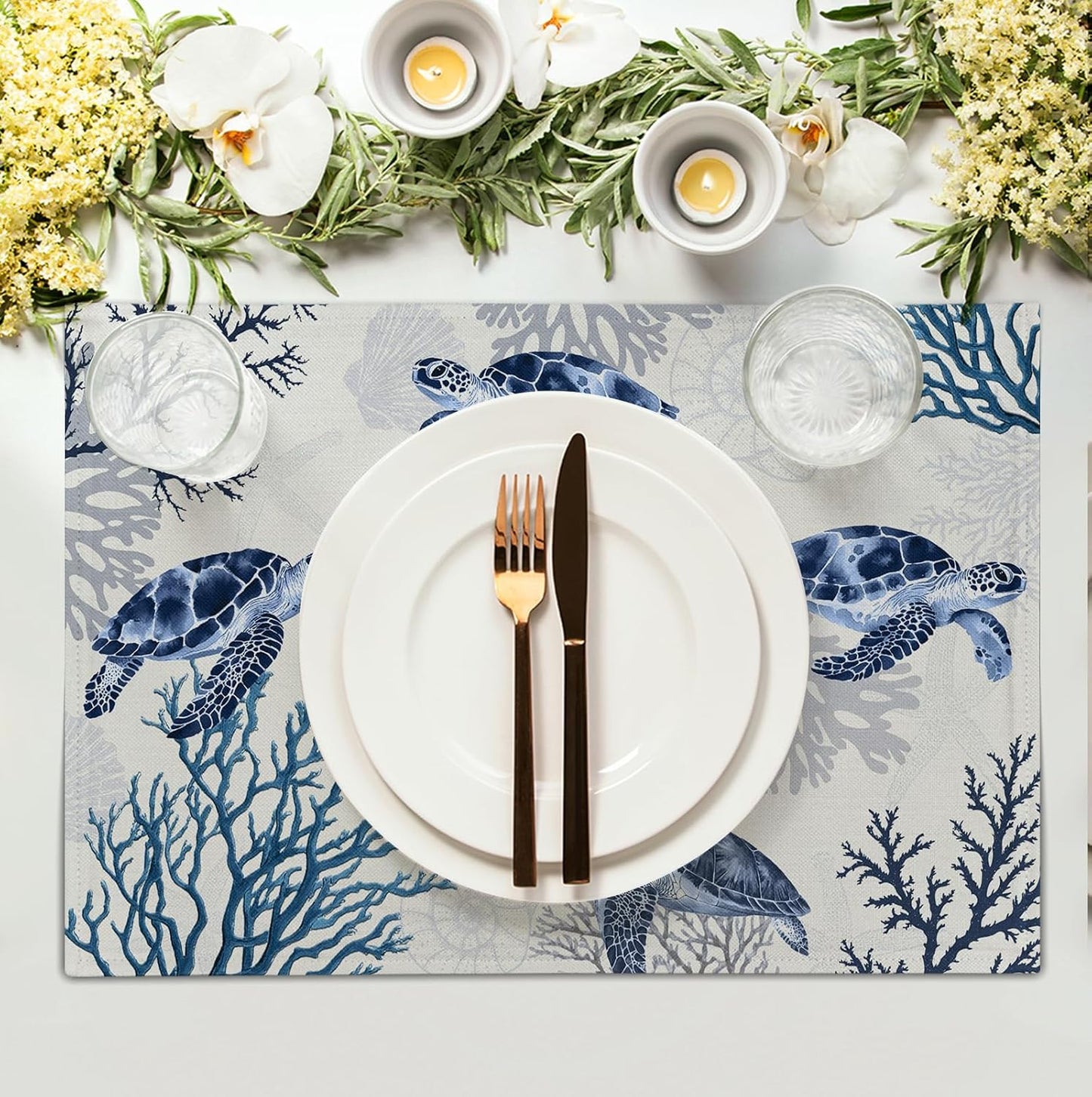 Coastal Beach Placemats Set of 4 Nautical Theme Coral Sea Turtle Navy Blue Place Mat 12x18 Inch Seasonal Summer Ocean Washable Linen Fabric Table Mats for Party Kitchen Dining Decoration