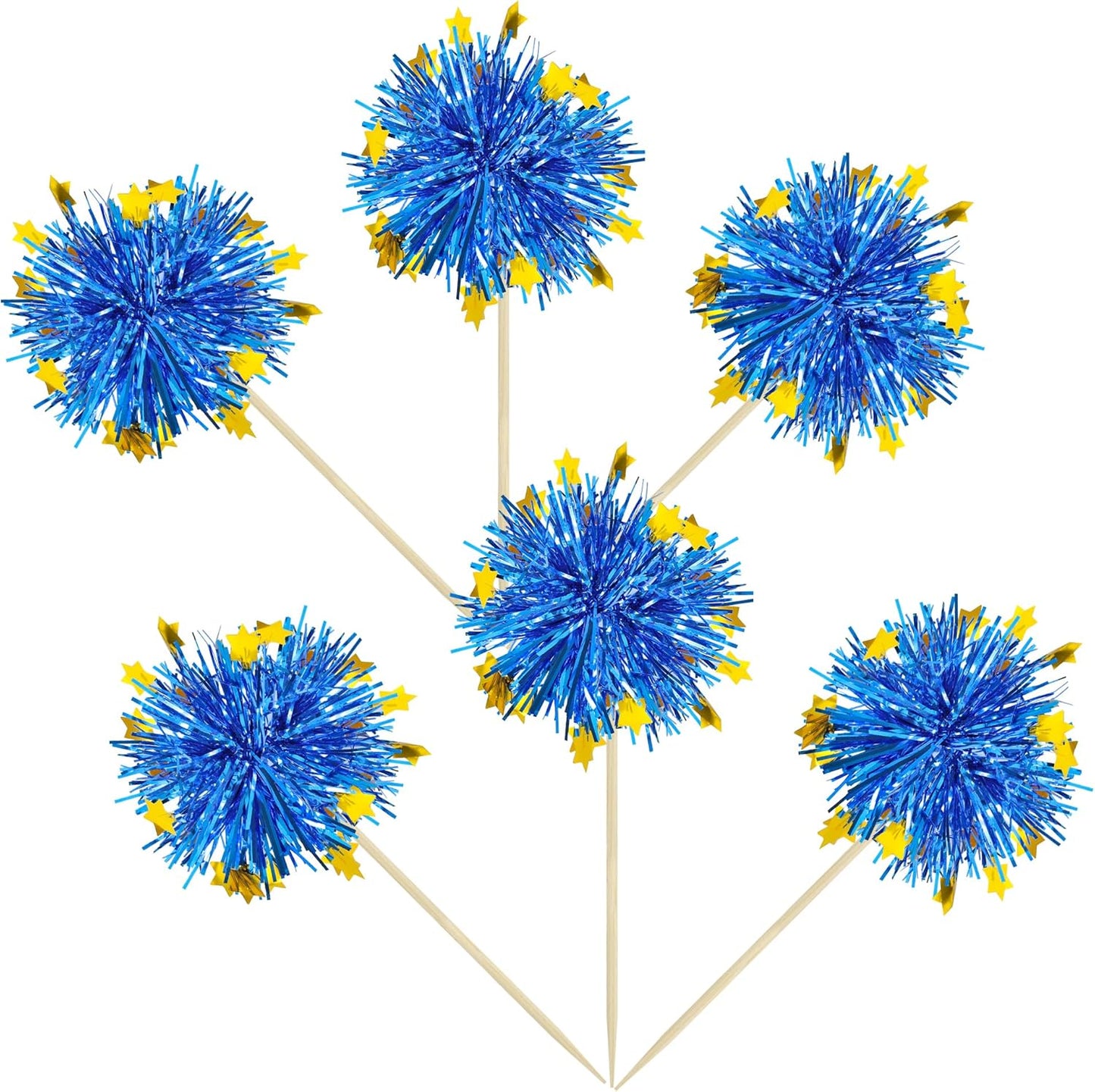 Ephlyn 30Pcs Foil Firework Cupcake Toppers Firework Cake Toppers Tinsel Flower Drink Stirrers Cocktail Food Fruit Toothpicks for Valentine's Day Party Decorations Blue