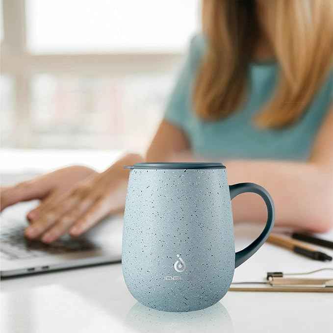 Ideus 16 oz Insulated Coffee Mug with Handle and Lid, Double Wall Stainless Steel Vacuum Thermal Coffee Mug, Travel Coffee Cup Thermal Cup for Home and Office, Eggshell Blue