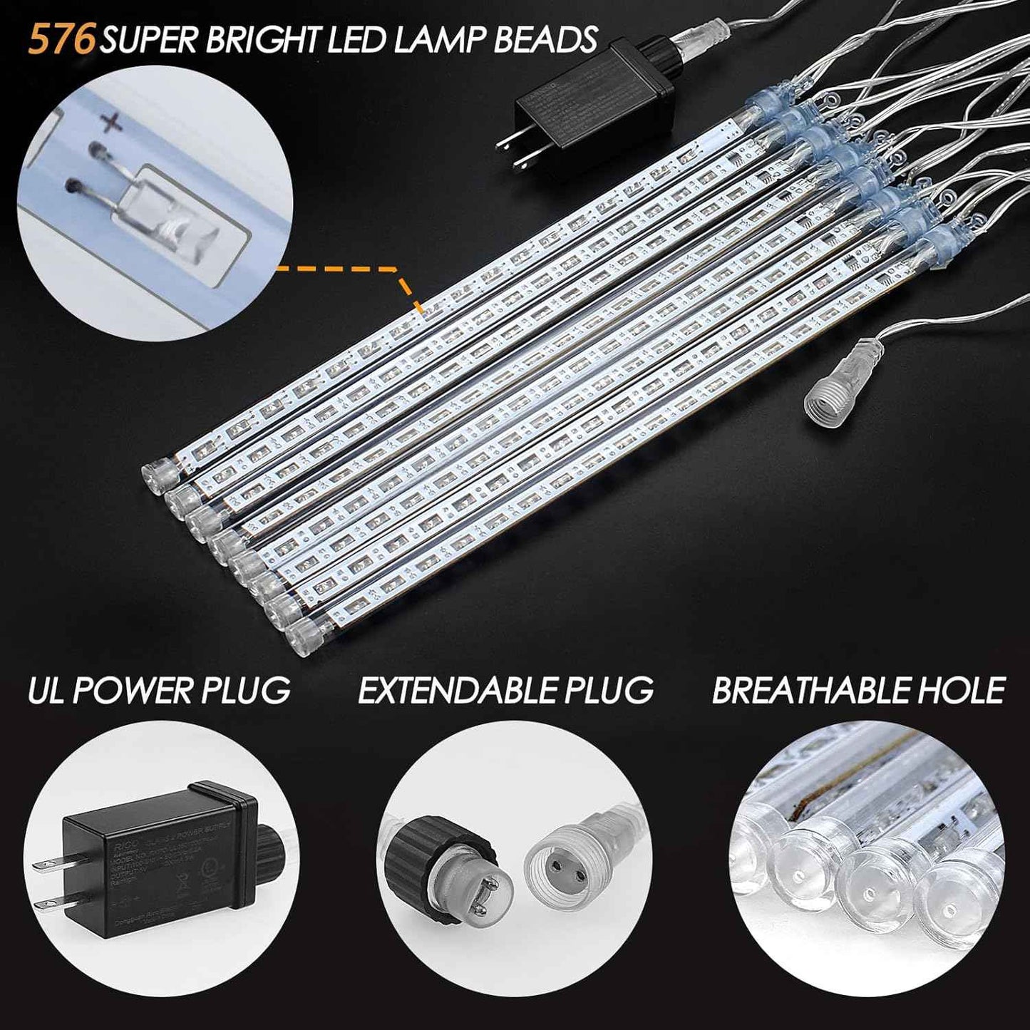 Meteor Shower Rain Lights with 16 Tubes 384 LEDs Waterproof Icicle Snow Fall String Lights for Party Tree Home Patio Outdoor Decoration (16 Tubes, White)