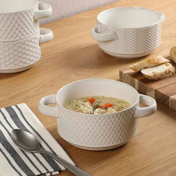 Gibson Elite Oyster Tide Embossed 6 Inch Soup Bowls with Handles. French Onion Soup Crocks, Stackable Soup Bowl, Chili, Beef Stew Reactive Glaze Stackable Ceramic Bowl, Set of 4, White