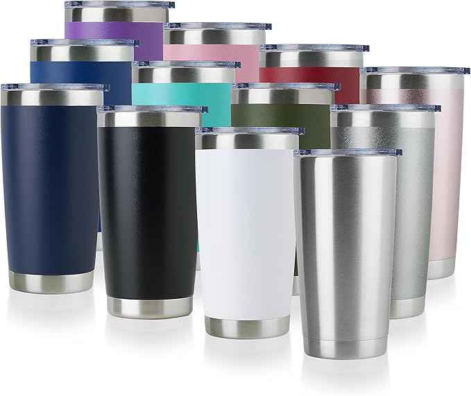 DOMICARE 20oz Stainless Steel Tumbler Bulk with Lid, Double Wall Vacuum Insulated Travel Mug, Powder Coated Coffee Cup, Mix, 12 Pack