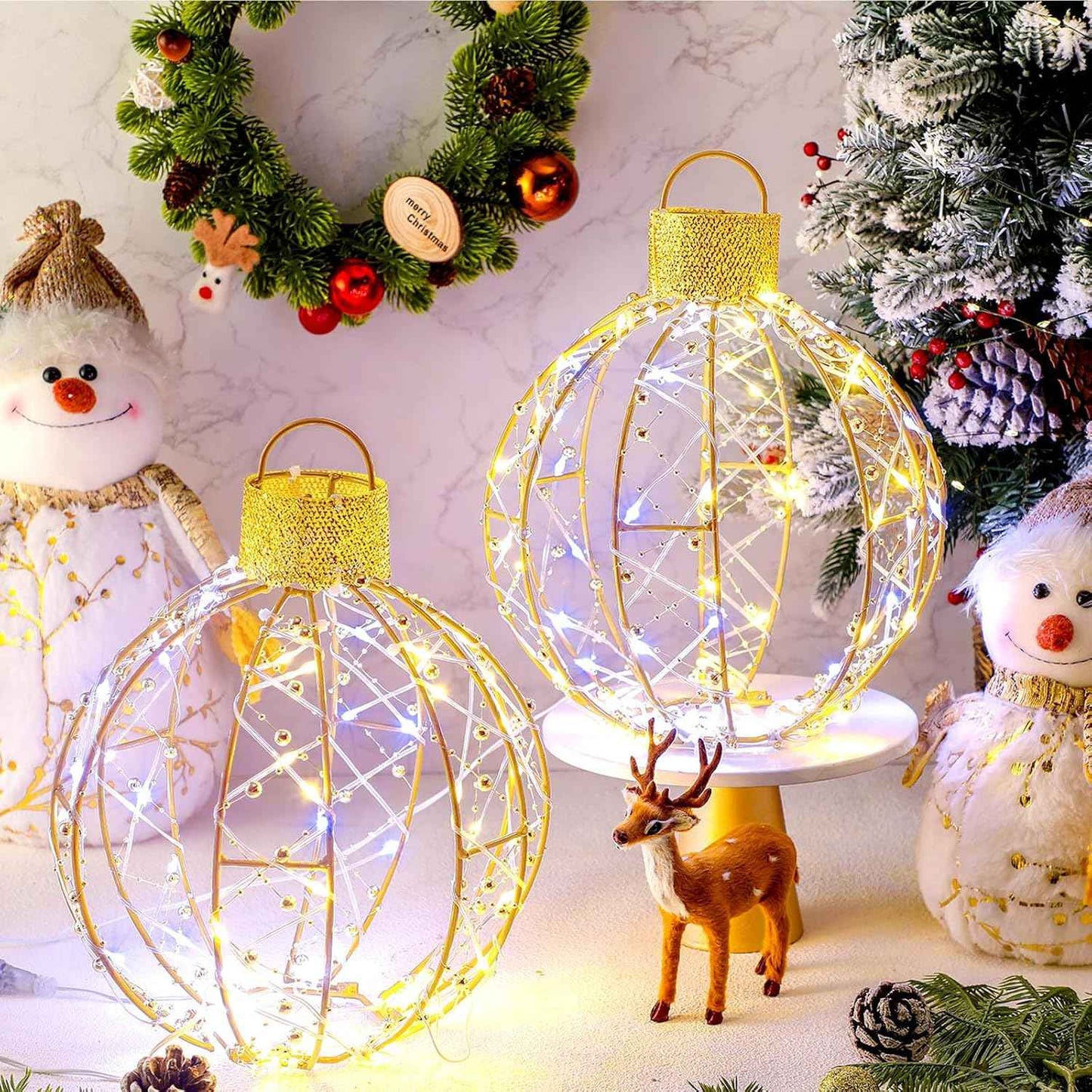 Mudder 2 Pack Christmas Light Balls Outdoor Sphere Lights 12" Hanging LED Holiday Ornaments with 120 Warm and White Lights Waterproof Large Christmas Balls for Outdoor Porch Patio Xmas Decor
