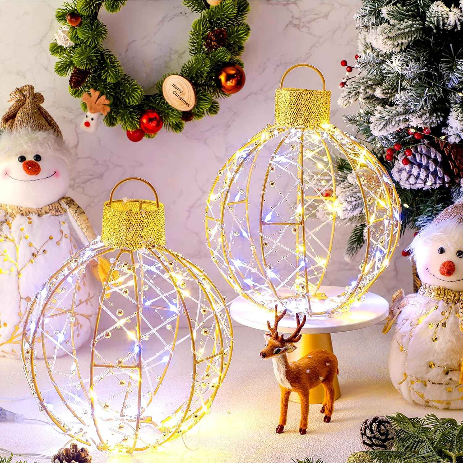 Mudder 2 Pack Christmas Light Balls Outdoor Sphere Lights 12" Hanging LED Holiday Ornaments with 120 Warm and White Lights Waterproof Large Christmas Balls for Outdoor Porch Patio Xmas Decor