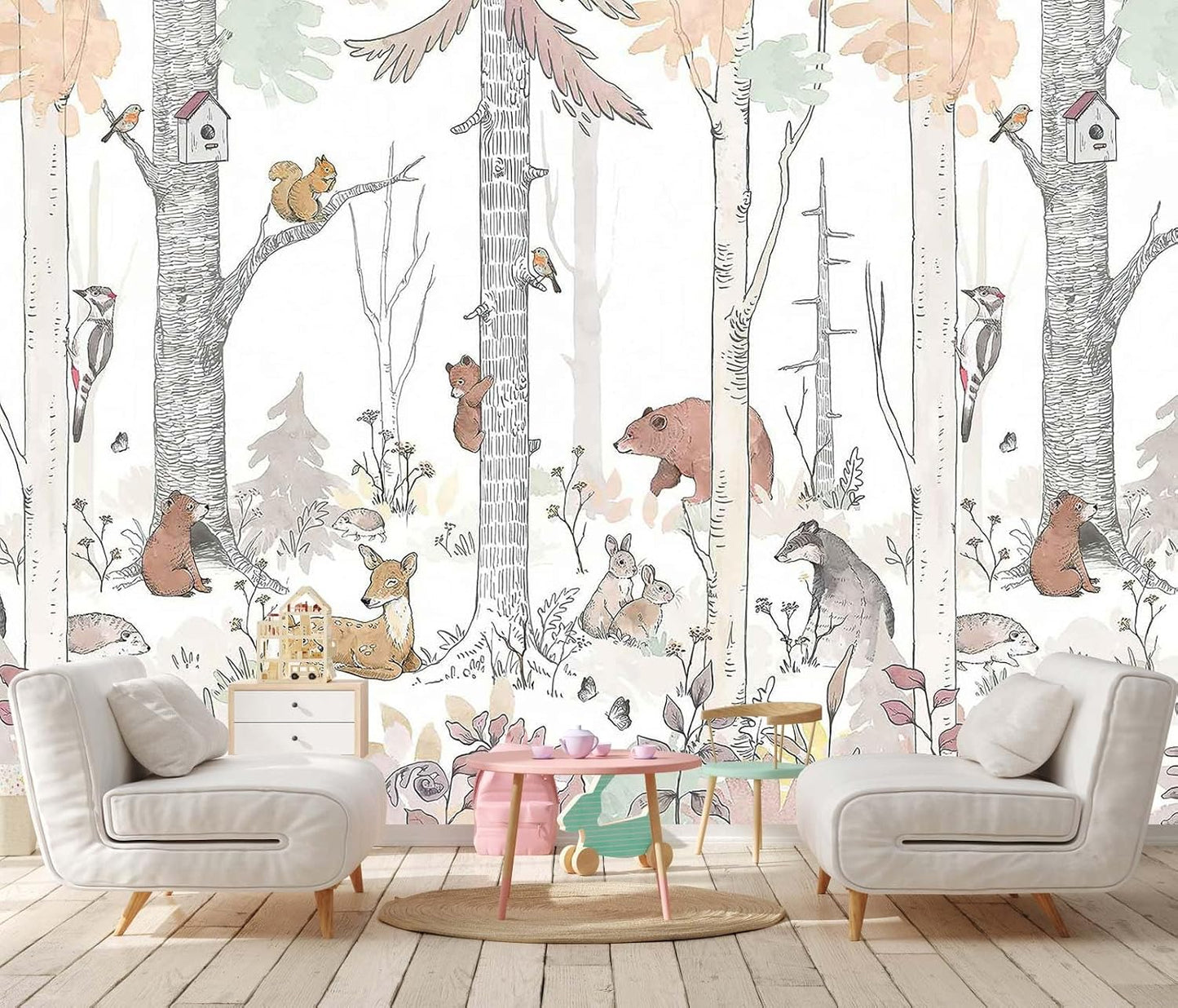 Jdayda Kids Tree Wallpaper Mural Cute Animals Plants Birds Wallpaper for Nursery Boys Girls Bedroom Living Room (Not Self-Adhesive)