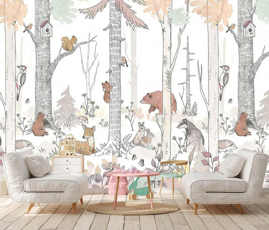 Jdayda Kids Tree Wallpaper Mural Cute Animals Plants Birds Wallpaper for Nursery Boys Girls Bedroom Living Room (Not Self-Adhesive)